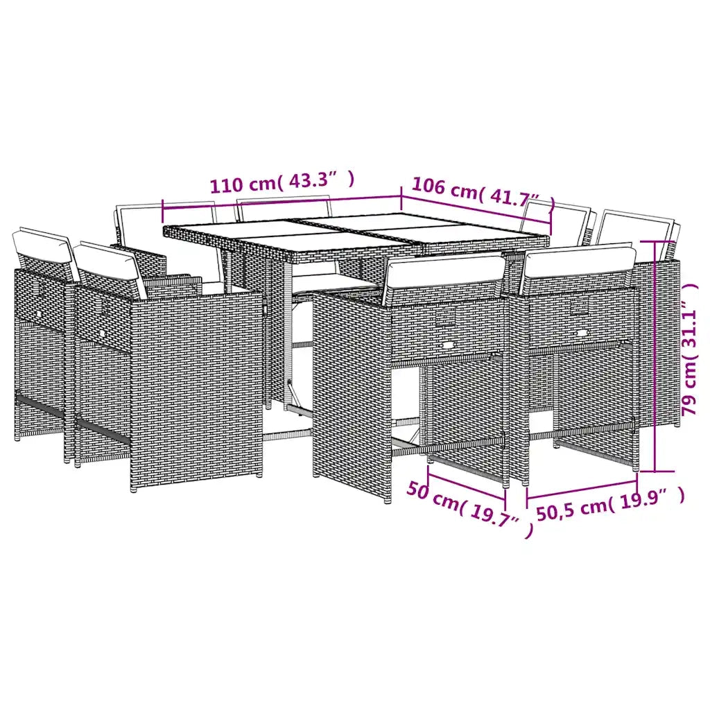 Set da Pranzo da Giardino 9pz | Set Salotto da Giardino con Cuscini Marrone in Polyrattan