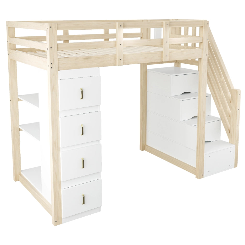 LETTO A CASTELLO 90x200 cm in legno naturale con 4 cassetti e scaffale