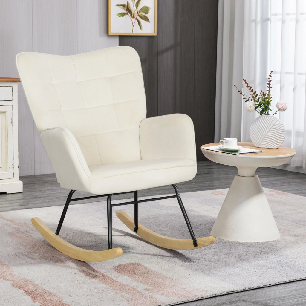 Poltrona dondolo imbottita ¨C Xylo ¨C legno di faggio, schienale ampio, beige