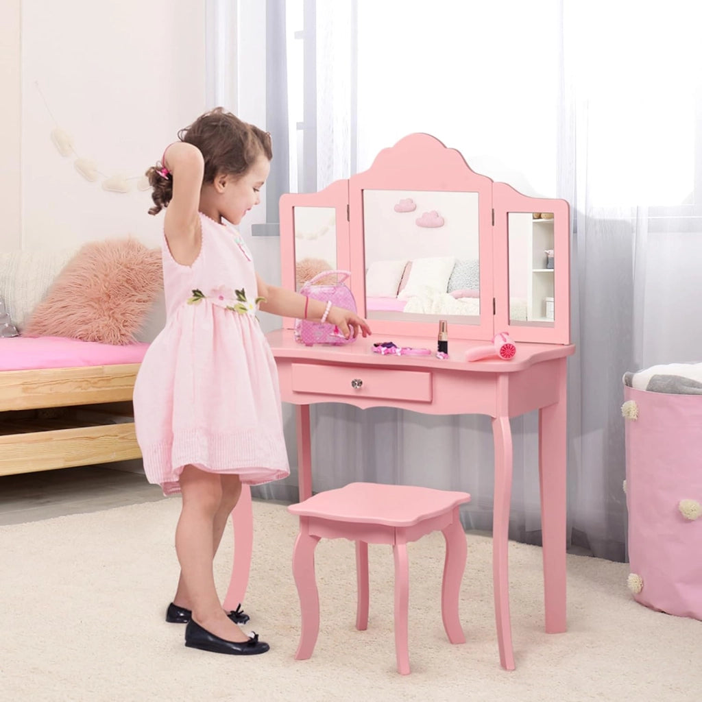 2-in-1 Toeletta Trucco Bambina, Tavolo da Trucco per Bambini con 3 Specchio e Sgabello, Postazione Trucco con 1 Cassetto, 3-7 Anni (Rosa)