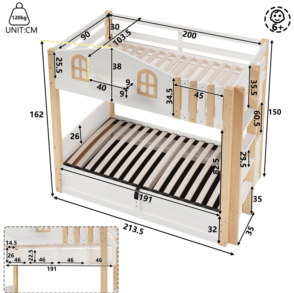 Letto a castello per bambini 90x200 cm a casetta; con contenitore idraulico; LED; bianco e naturale