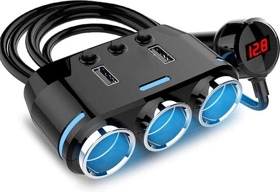 Adattatore di Accensione per Sigarette con Illuminazione LED 12V/24V - 3x Ingresso per Sigarette - 2x USB - Con Voltmetro