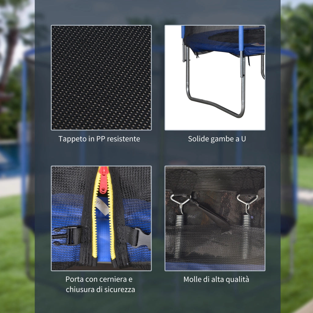 Trampolino Elastico da Esterno, Tappeto Elastico per Adulti da Giardino con Rete di Sicurezza e Bordo Imbottito, Giochi da Giardino e Casa, ?244x240cm, Blu e Nero