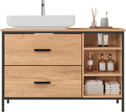 Mobiletto Bagno, Mobiletto Portaoggetti, Mobile Sottolavello da Bagno con 2 Cassetti e 3 Vani a Giorno, Struttura in Metallo, Rovere Chiaro - Nero, 90x30x60 cm