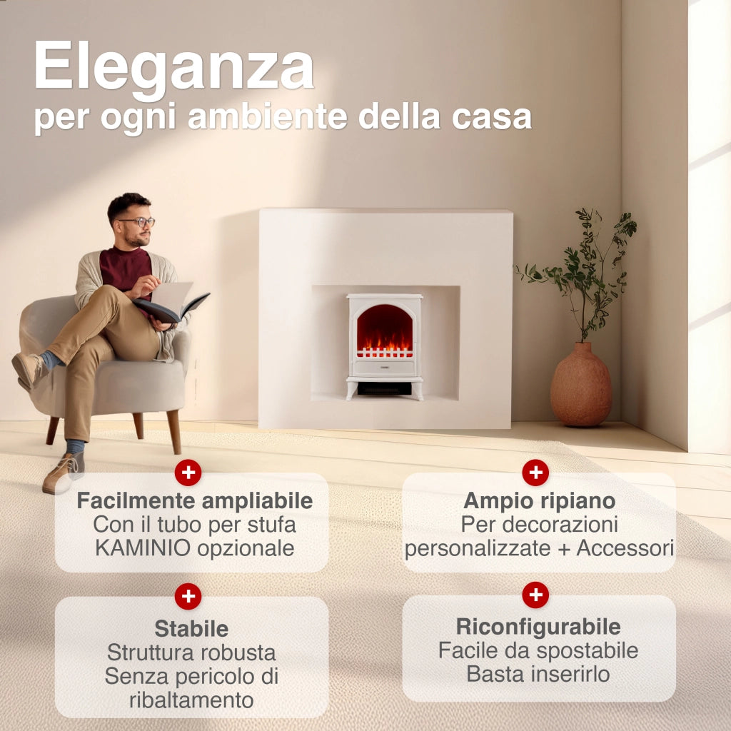 KAMINIO Camino elettrico LENI - Stufa elettrica con riscaldamento, effetto fiamma 3D - Bianco
