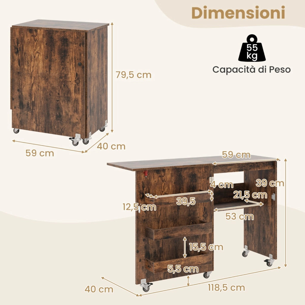 Carrello per artigianato con ripiano e contenitori per camera da letto, Tavolo da cucito pieghevole con stazione di ricarica Marrone-Scrivanie