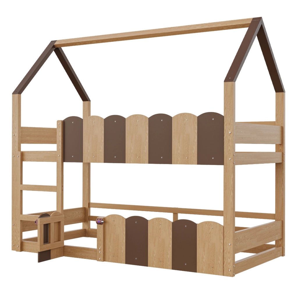 Letto a castello per bambini a forma di casa 90x200 cm in legno naturale con sbarre di sicurezza