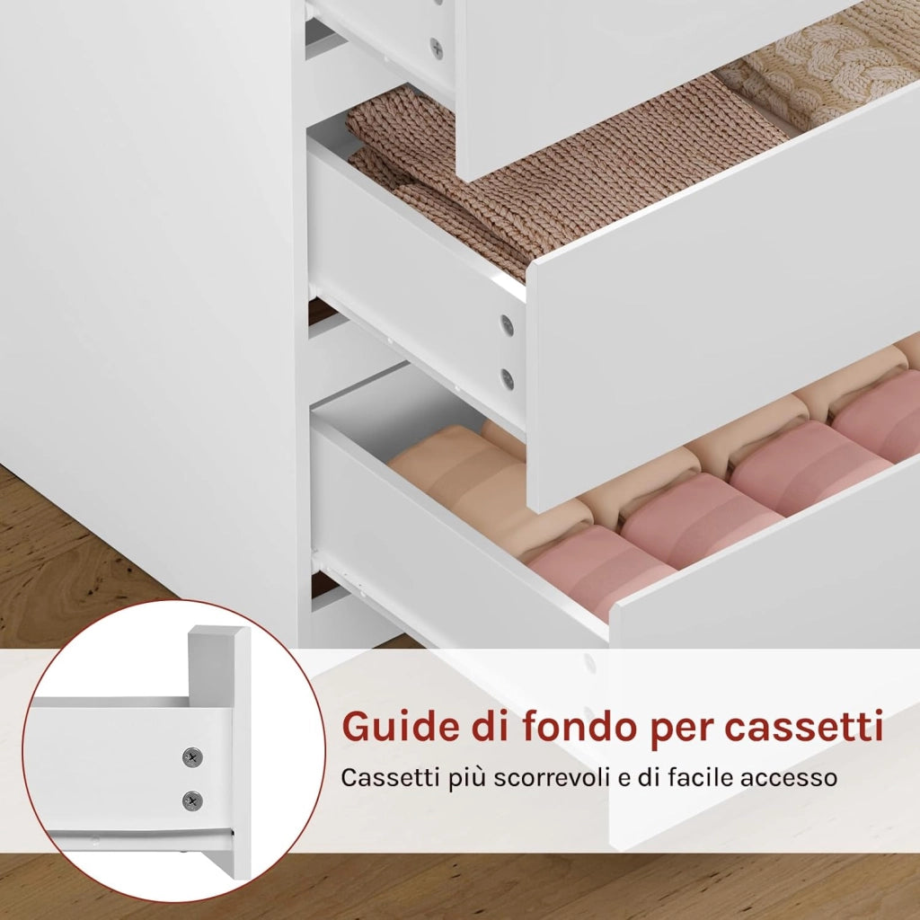 Comò Bianco per Camera da Letto, Cassettiera 4 Cassetti in Legno, Mobile Contenitore per Soggiorno o Ingresso, Dimensioni 60x40x90 cm, KMD004ws