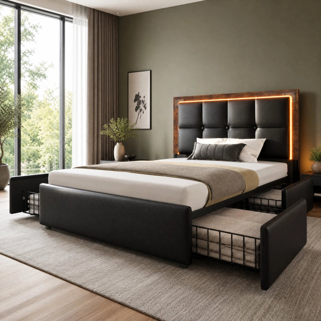 Letto Singolo 1 Posto con LED, 4 Cassetti e Testiera Regolabile 90 × 200 cm, Senza Materasso, Nero