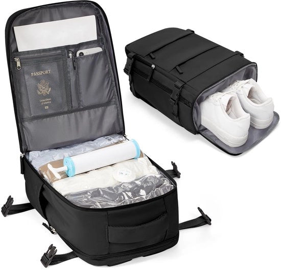 Borsa a vuoto per bagaglio a mano Ryanair 40x20x25 Borsa a mano per viaggiatori con tasca per scarpe impermeabile Borsa a vuoto con sacchetto a vuoto e pompa manuale, nera