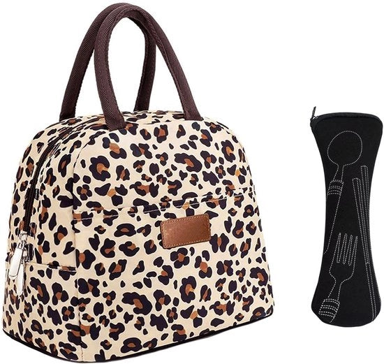Lunchtas unisex con disegno leopardo e 1 tasca per utensili, borsa per pranzo in Oxford stoffa, borsa pratica da portare con sé, borsa impermeabile per il pranzo, adatta per lavoro, scuola, picnic.