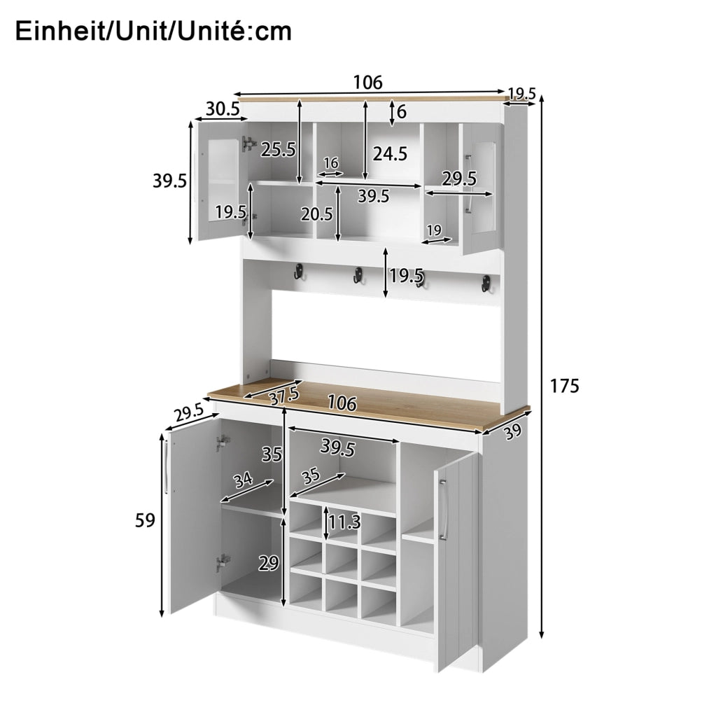 Credenza cucina 106x39x175 cm bianco e legno con vetrine