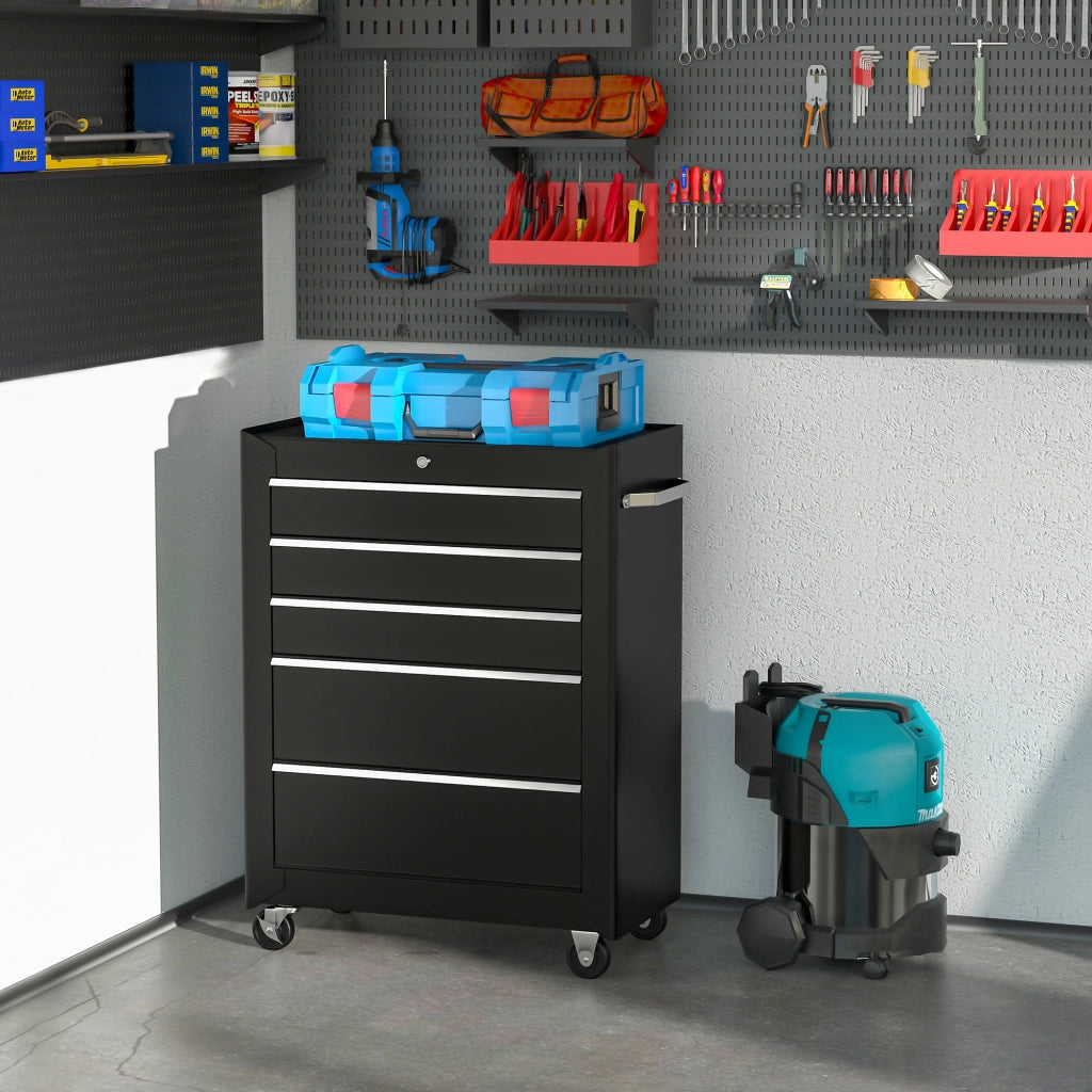 Carrello Porta Attrezzi 5 Cassetti con Chiave e Ruote Nero