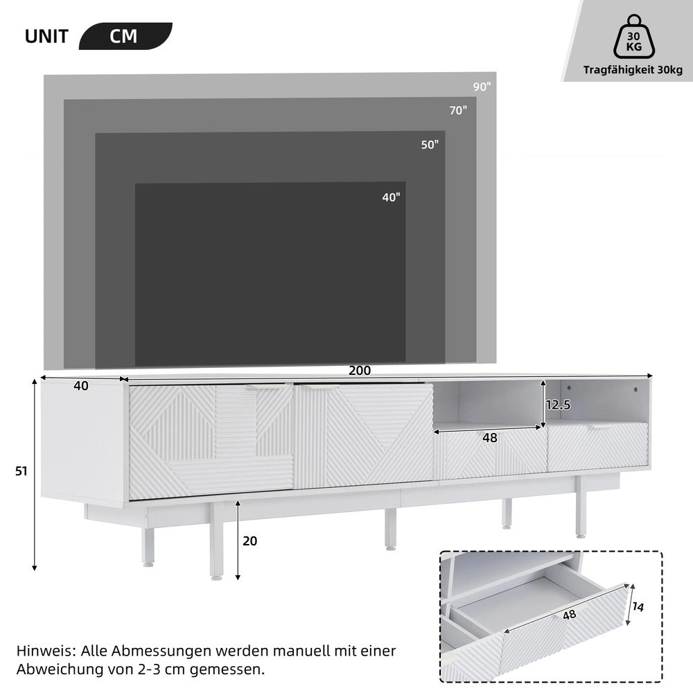 Mobile TV Moderno Bianco ¨C Xylo ¨C Legno, Ante, 200x40x51 cm, fino a 90 Pollici
