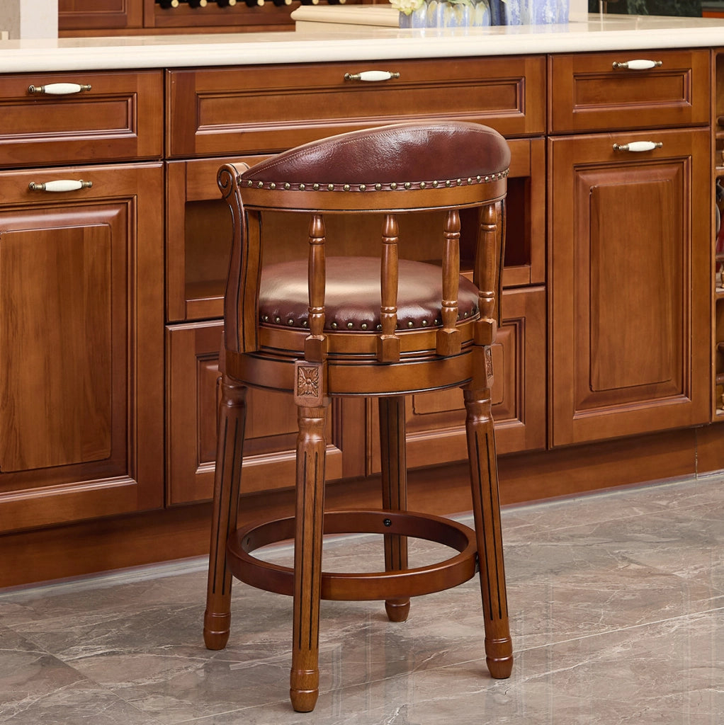 Sgabello da Bar in Legno con Seduta in Pelle di Mucca, Girevole a 360°, Altezza 66 cm, Schienale, Colore Avorio