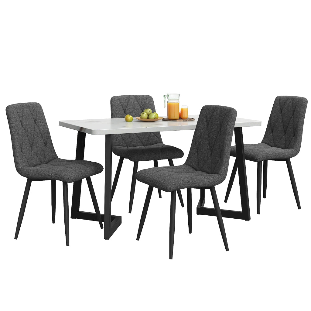 Tavolo da pranzo con 4 sedie in MDF con piano effetto marmo e gambe in metallo nero per cucina soggiorno e ufficio