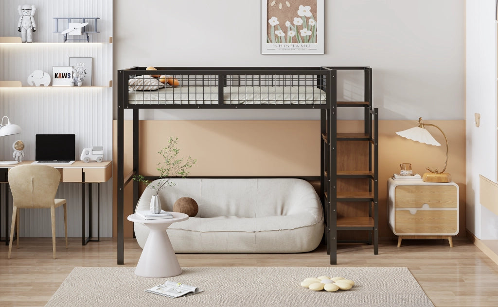 DESMIU Letto a soppalco 2 posti con armadio, scaffali e scala 140 × 200 cm, senza materasso, metallo, nero