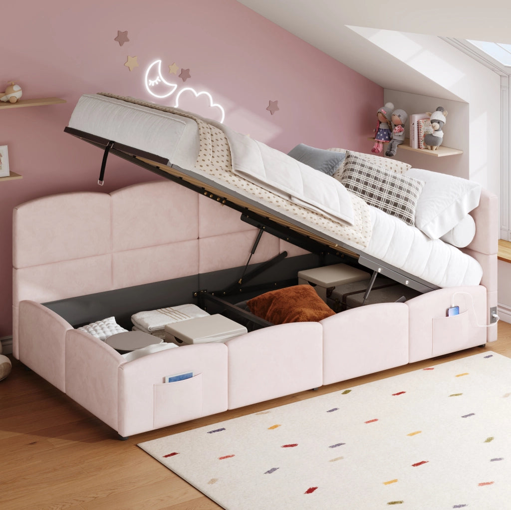 Divano letto contenitore 90x200 cm con USB e USB C; velluto rosa