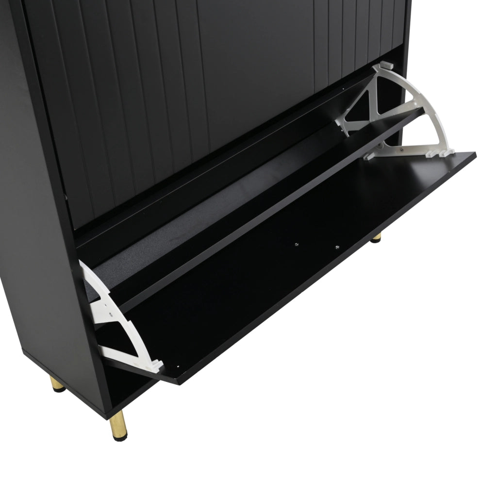 Armadio portascarpe a 3 ante ribaltabili 80x23x123;5 cm in MDF nero con dettagli dorati