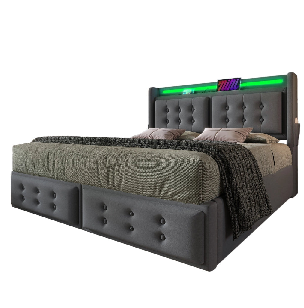 Letto imbottito 180x200 cm con LED; ricarica e 4 cassetti in cotone lino grigio