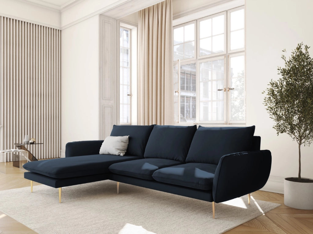 Cosmopolitan Design - Divano angolare sinistro "Vienna" 5 posti in velluto blu scuro 