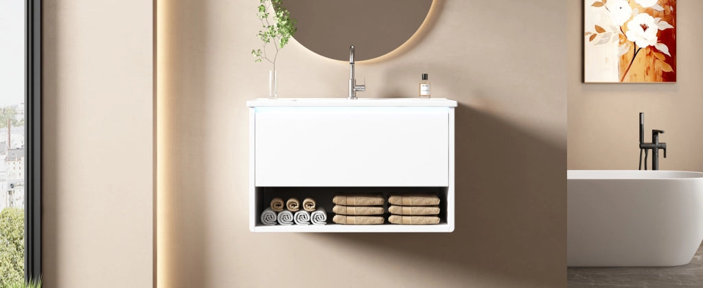 Mobile sottolavabo con LED, 1 cassetto e vano aperto, lavandino in ceramica, per bagno, bianco, 76.5 × 46 × 45 cm