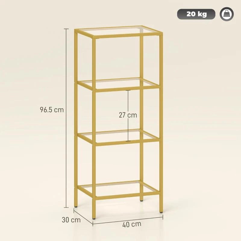 MOBILETTO SCAFFALE A 4 LIVELLI MINIMAL IN METALLO E VETRO TEMPERATO, 40X30X96.5 CM, COLOR ORO
