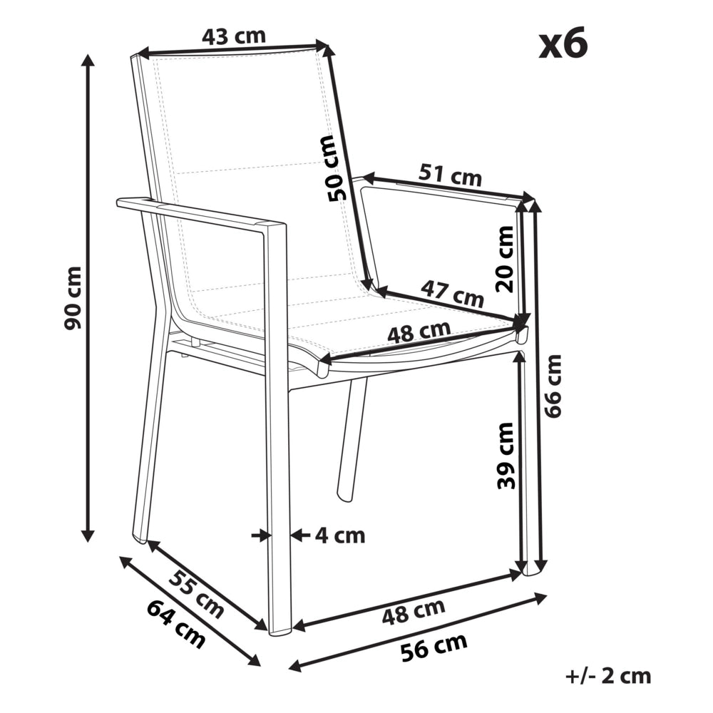 Set di 6 sedie da giardino in metallo nero grigio chiaro con cuscini in legno moderno