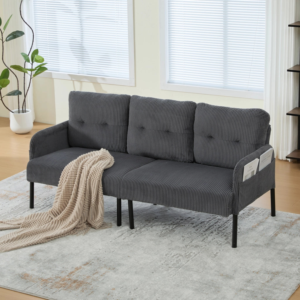 Divano a 3 posti in corduroy grigio 171x72x80 cm con tasca laterale e struttura in metallo