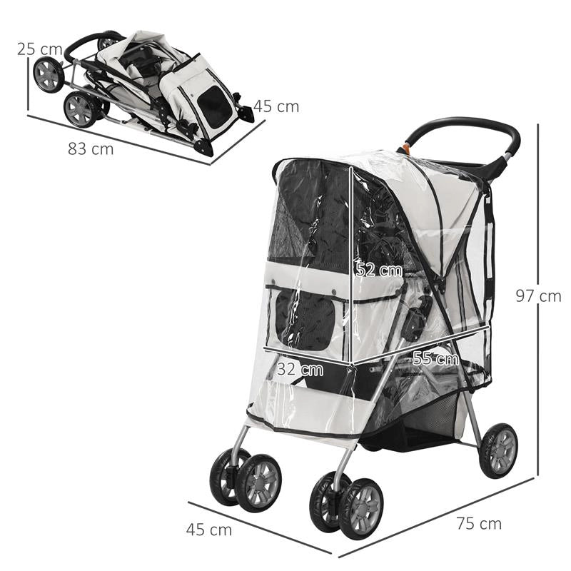 PASSEGGINO PER CANI PICCOLI PIEGHEVOLE CON COPERTURA ANTIPIOGGIA, RUOTE GIREVOLI E CON FRENI, GRIGIO
