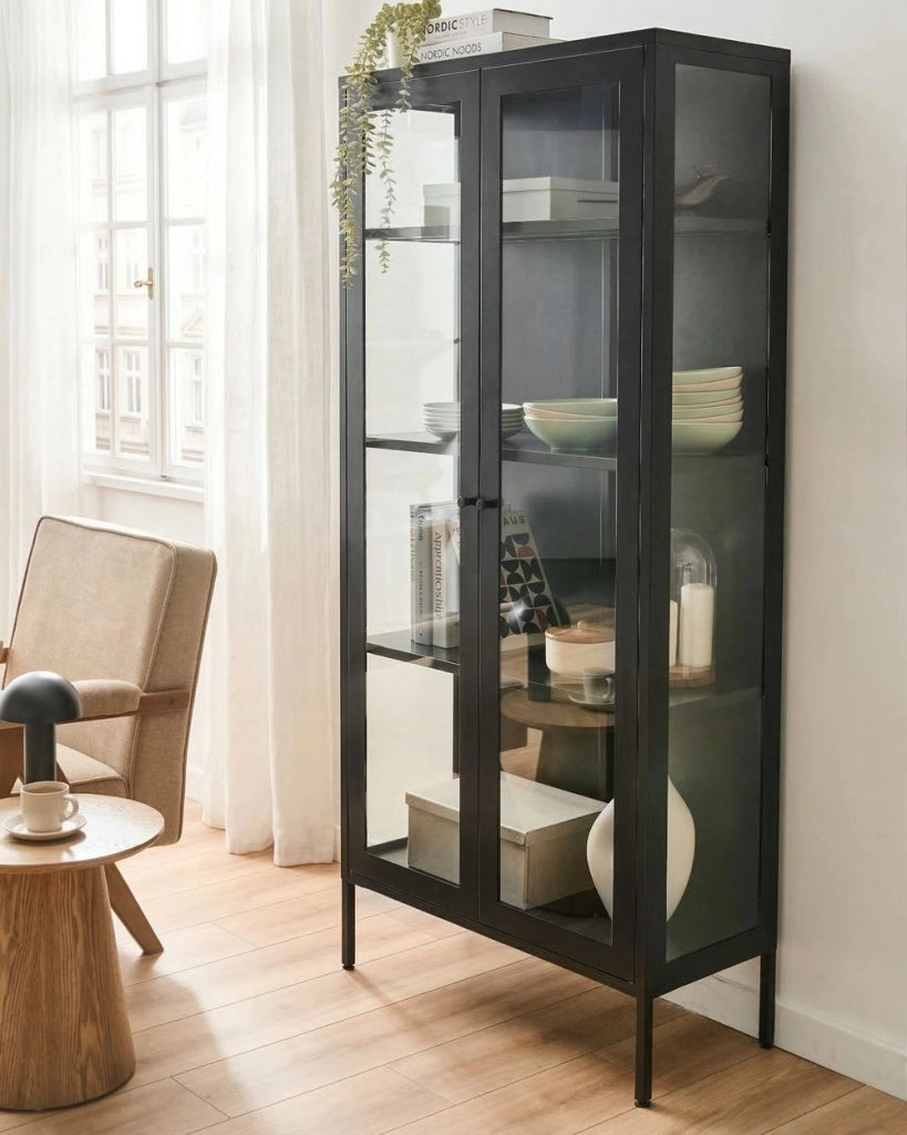 Vetrina moderna in acciaio nero e ante in vetro 176 cm stile contemporaneo industriale sala da pranzo soggiorno