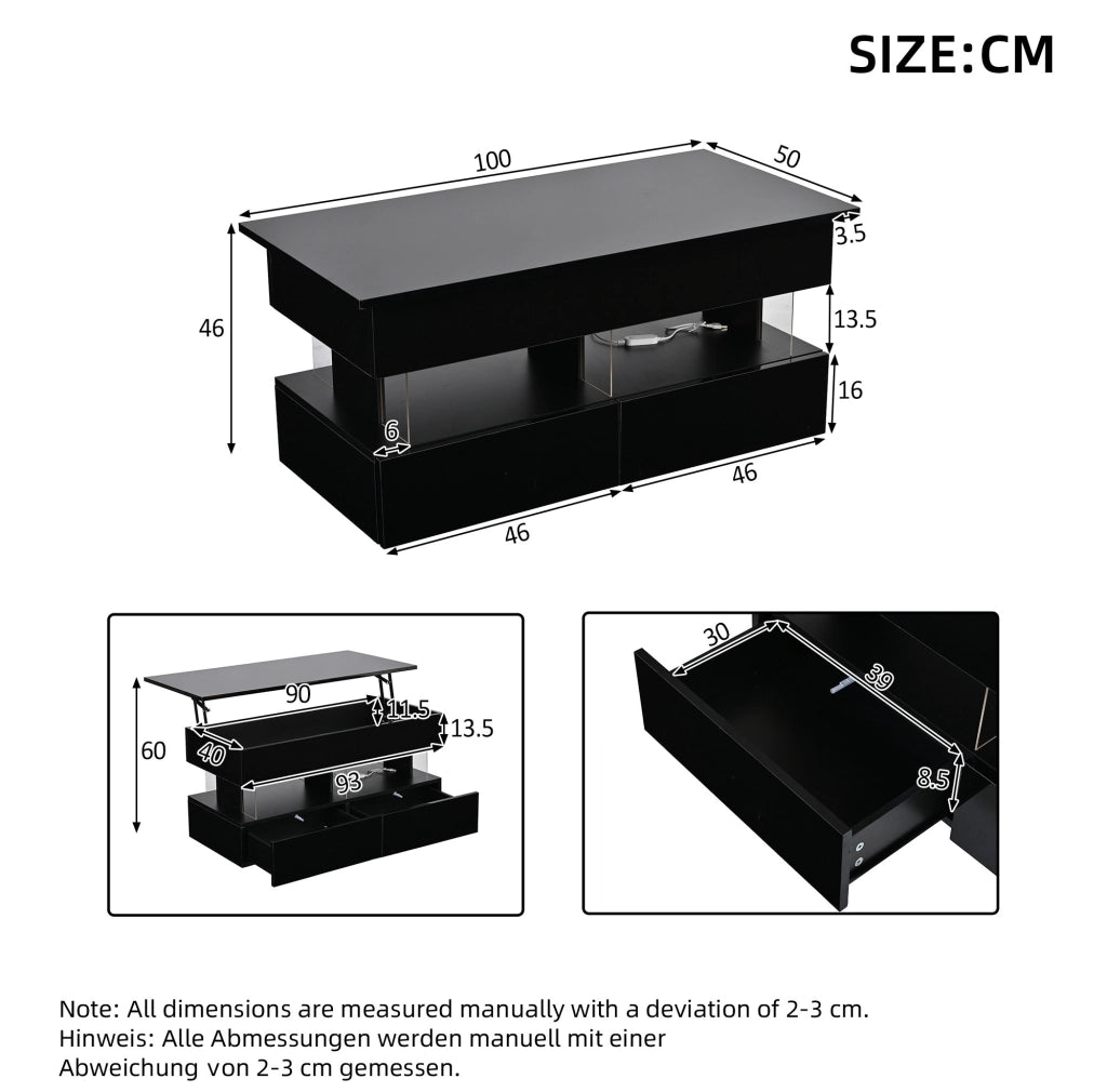 Tavolino da caffè 100x50x46 cm con piano sollevabile; spazio nascosto; 2 cassetti; LED; MDF nero