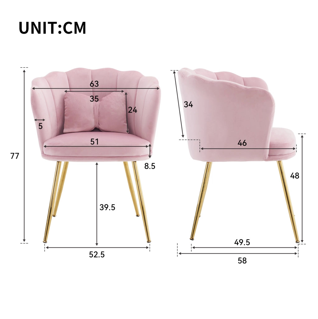 Set di 2 sedie imbottite in velluto rosa con schienale a petalo e gambe in metallo dorato
