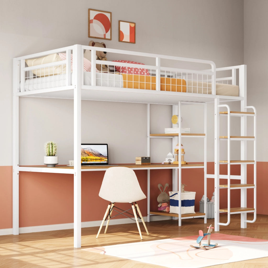 Letto a soppalco 90x200 cm con scrivania e ripiani in metallo bianco