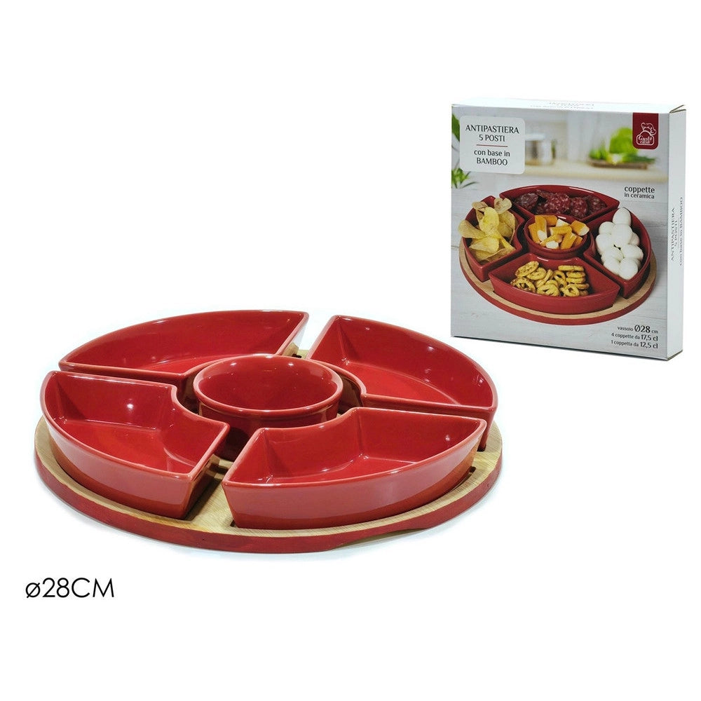 Trade Shop - Set Antipastiera Rossa Con 5 Ciotole In Ceramica Vassoio Base In Bamboo ø28cm Snack Salse -