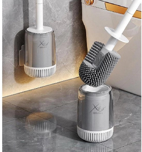 Spazzola per il water - Spazzola per il bagno in silicone - Spazzola per il bagno e holder con fissaggio alla parete senza forare, manico bianco e setole grigie, antibatterico, asciuga velocemente, innovativo e igienico