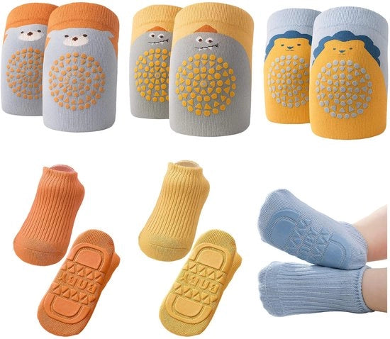 Knee Protectors per Bambino - 3 Paia - Calze per Neonati - Adatti per 0-1 Anno - Colori Vivaci - Disegno Leone/Dinosauro