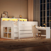 Letto a soppalco basso 90x200 cm con 3 cassetti; scrivania mobile; LED e ripiani; bianco