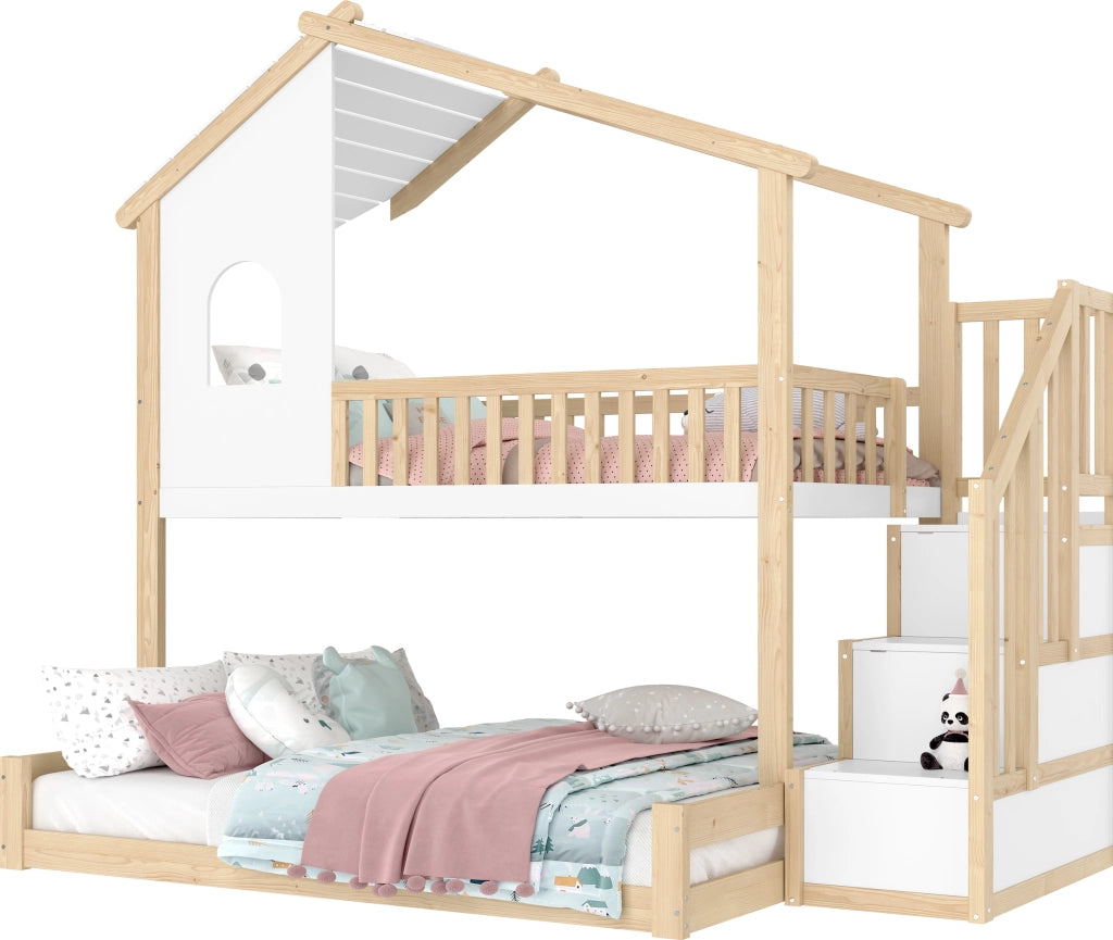 Letto a castello con scomparti contenitivi in pino naturale bianco 90x200 cm+140x200 cm