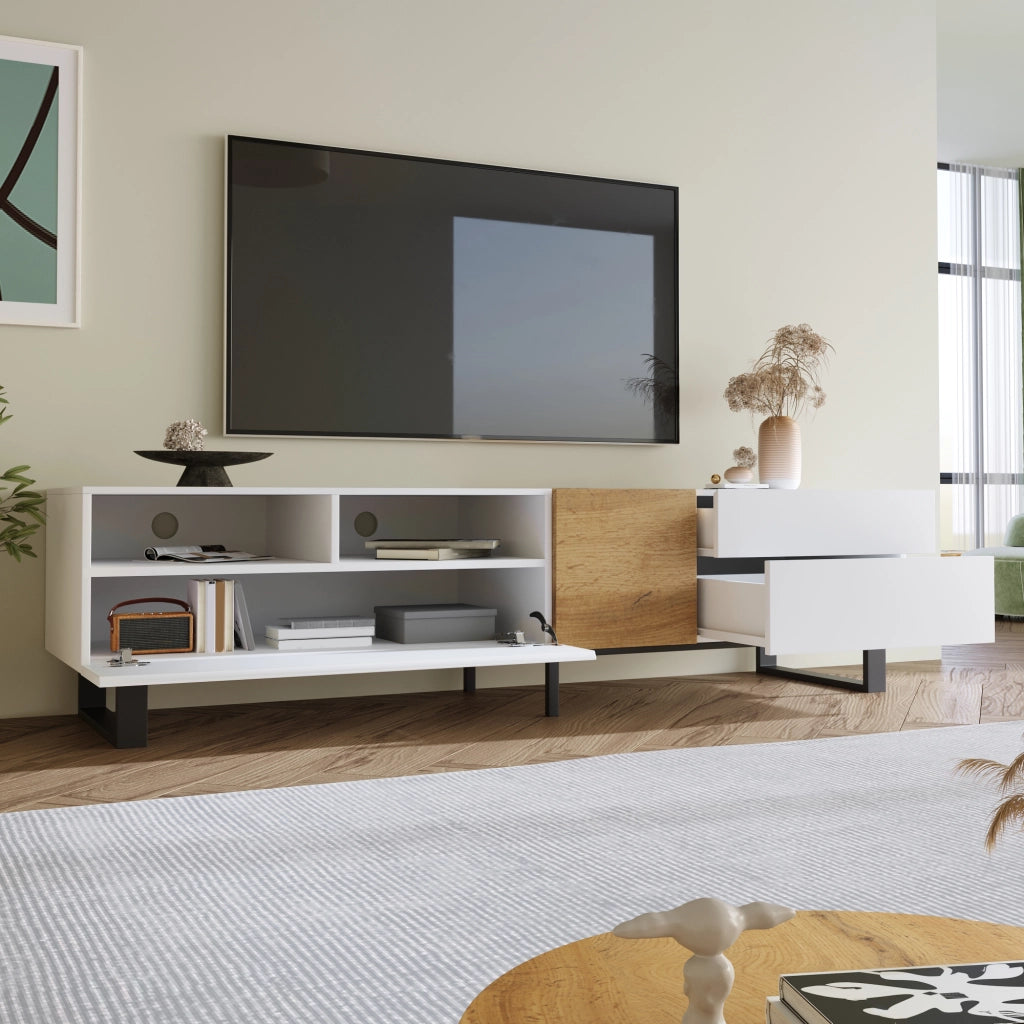 Mobile TV con 2 Ante e 2 Cassetti; 2 Vani Aperti; Stile Moderno; Soggiorno; 180¡Á38¡Á50 cm; in MDF; Bianco e Legno