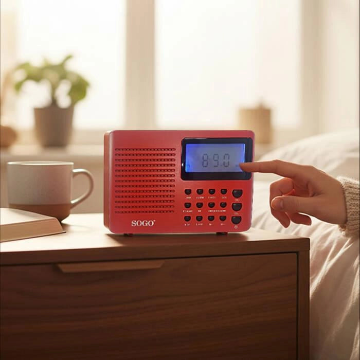 Radio digitale portatile FM con antenna telescopica, 30 canali memoria, display LCD, sveglia e modalità sleep - SOGO