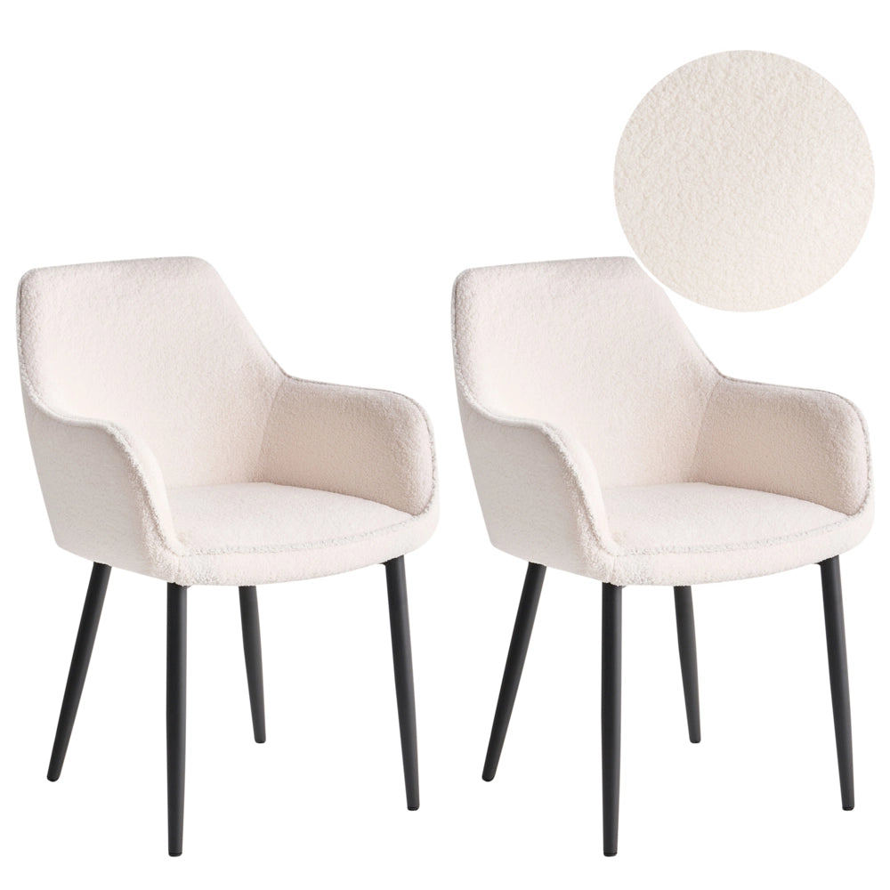 Set di 2 sedie da pranzo in tessuto bouclè bianco braccioli schienale intagliato gambe in metallo moderna industriale
