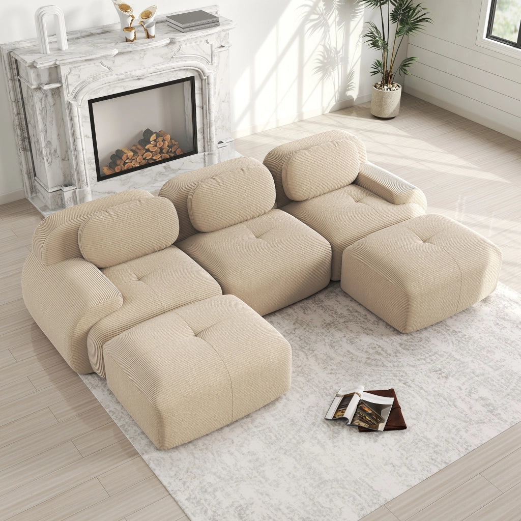Divano angolare modulare senza montaggio - con braccioli curvi - in tessuto a coste beige