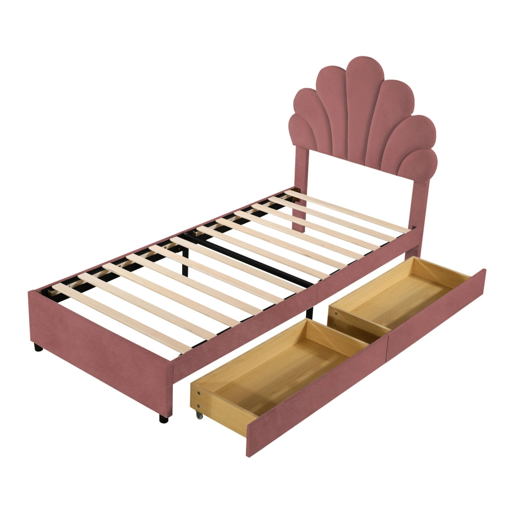 Letto con Cassetti; Letto Singolo con 2 Cassetti e Testiera Floreale 90×200 cm; senza Materasso; Rosa