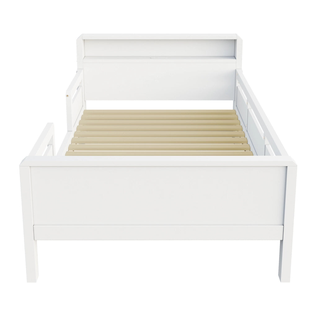 Letto singolo 90x200 cm con luce LED e presa USB e Type-C; testiera con ripiano; legno bianco