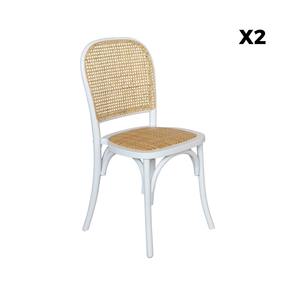 Set di 2 sedie vintage in legno e rattan, bianco