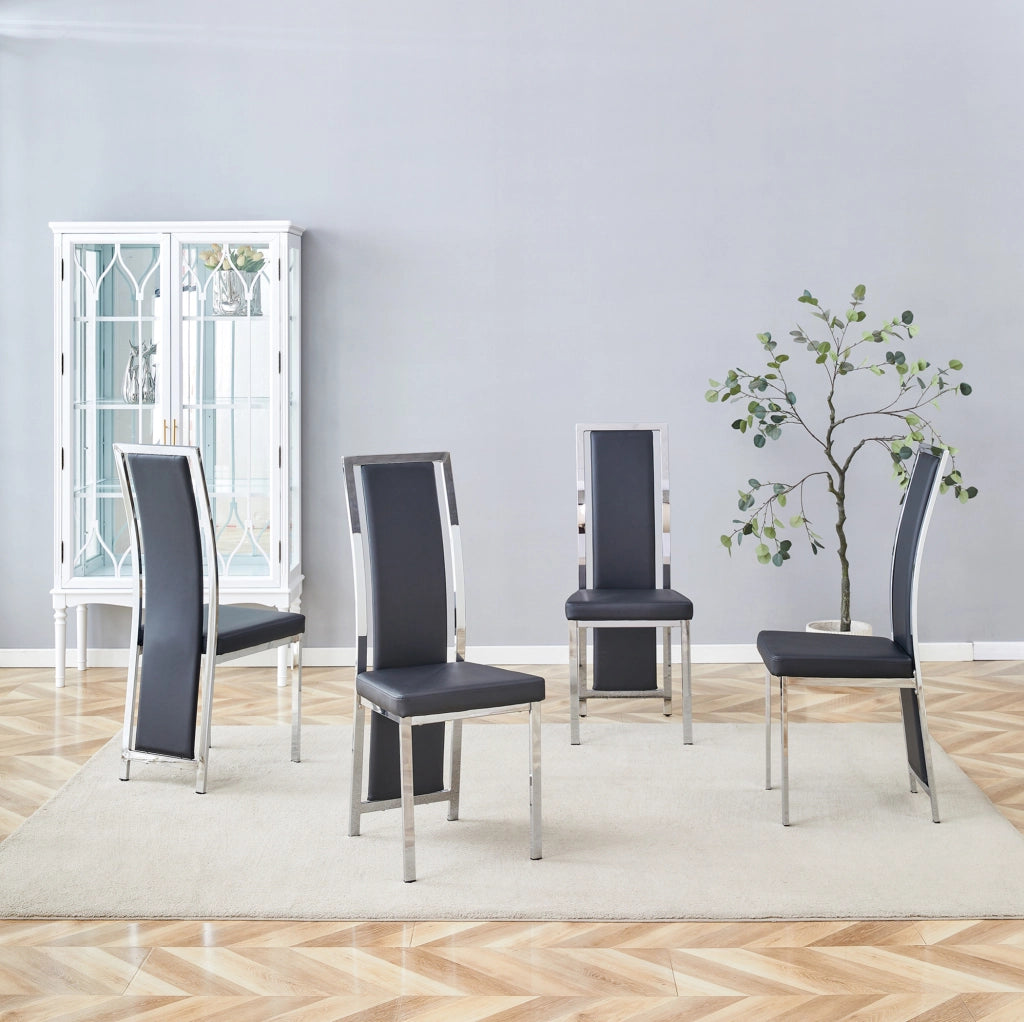 Set 4 sedie da pranzo moderne in PU nero con struttura in metallo argentato; 109 cm