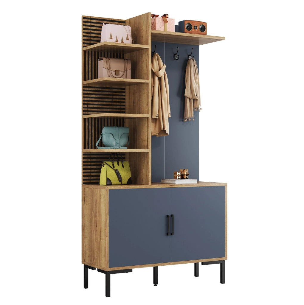 Guardaroba da ingresso con ganci e ripiani regolabili 100x40x190;5 cm in truciolare naturale e nero