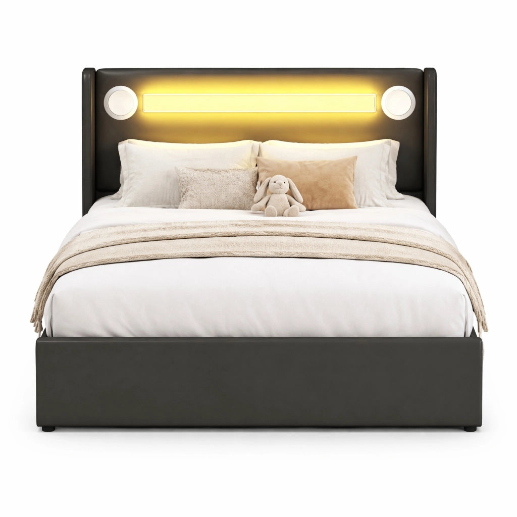 Letto imbottito 90x200 con LED, Bluetooth e ampio contenitore