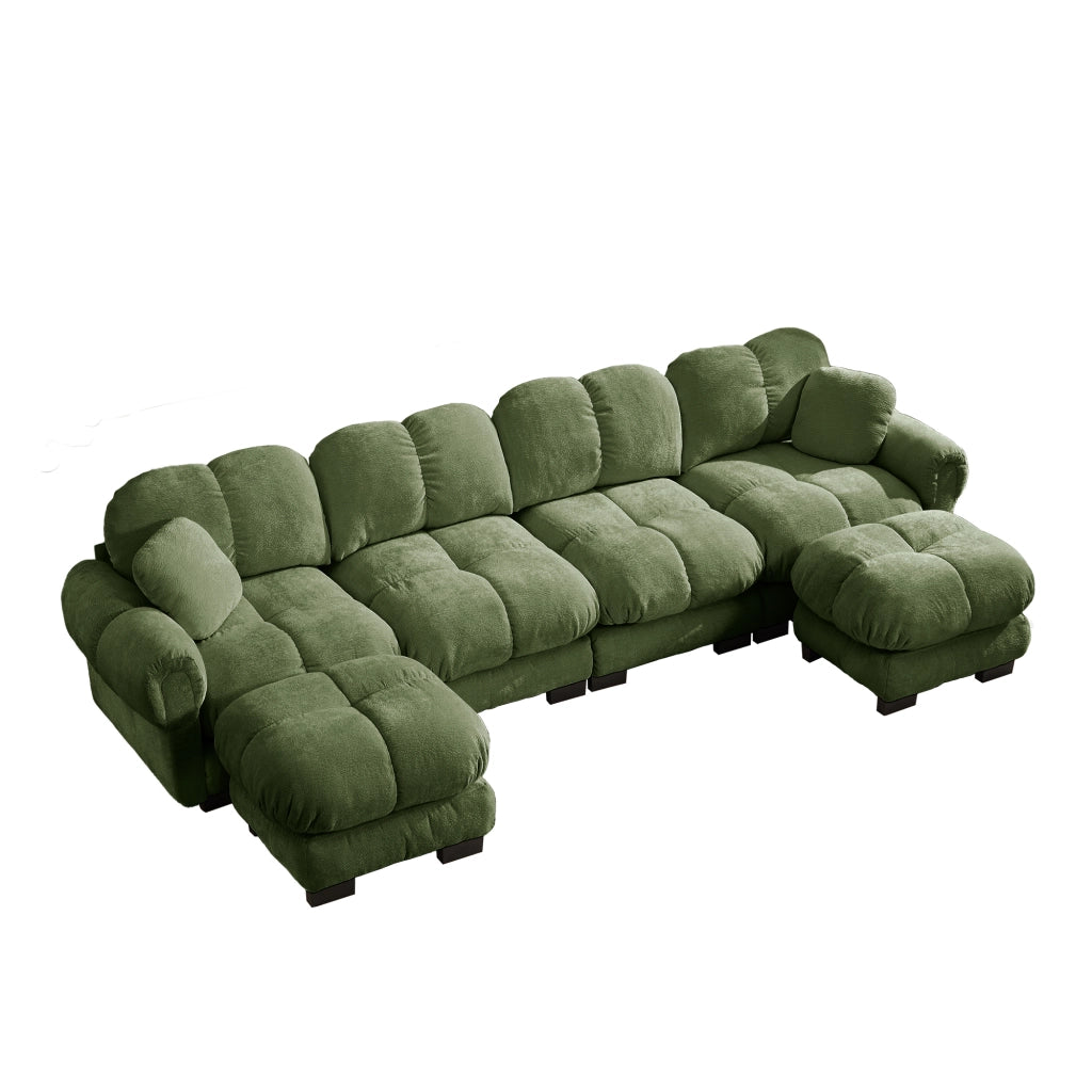 Divano ad angolo convertibile 4 posti con pouf mobile, in ciniglia, Verde